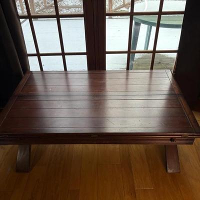 Vintage Campaign-Style Mahogany Flip-Top Coffee Table to Dining Table - X-Base
