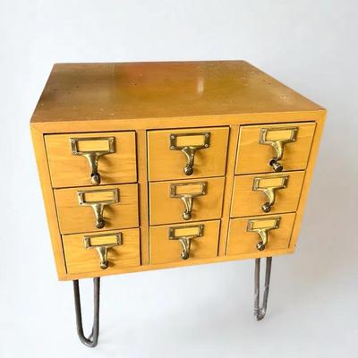 Vintage 9-Drawer Wooden Library Card Catalog on Hairpin Legs