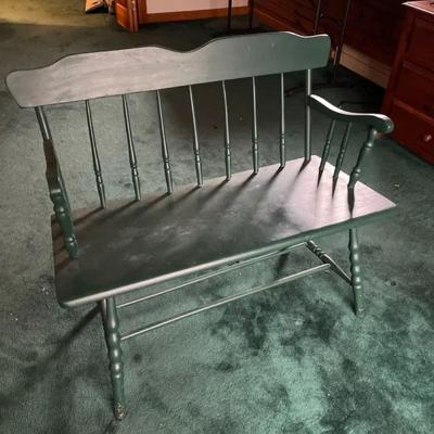 Hand-Painted Forest Green Windsor-Style Spindle Back Bench – Primitive Farmhouse Settee