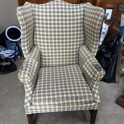Vintage Wingback Armchair – Plaid Upholstery – Reupholstery Project Piece