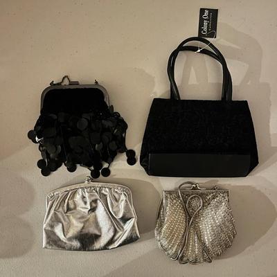 Vintage Evening Bag Lot of 4 - Beaded Shell Clutch, Colony One Velvet Tote, & Sequin Accents