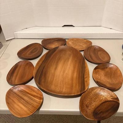 Crate & Barrel Acacia Wood Serving Set - Tray and 8 Dishes