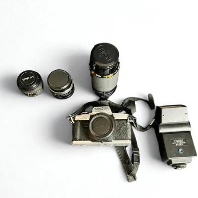 Vintage Minolta X-370 35mm SLR Film Camera Kit with 3 Lenses & Vivitar Flash