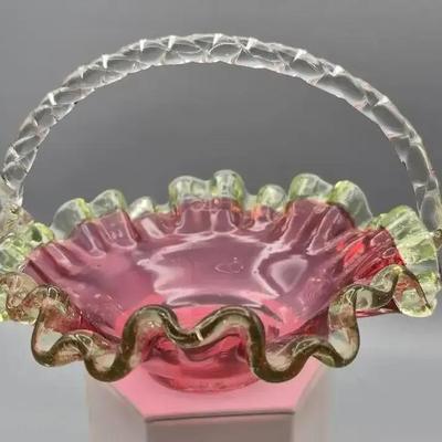 Museum-Quality 19th Century Rubina Verde Art Glass Basket