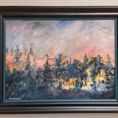"Little Spokane River Fire #3" Signed Painting 