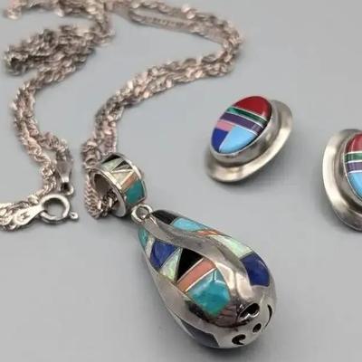 Colorful Inlay Pendant and Earrings