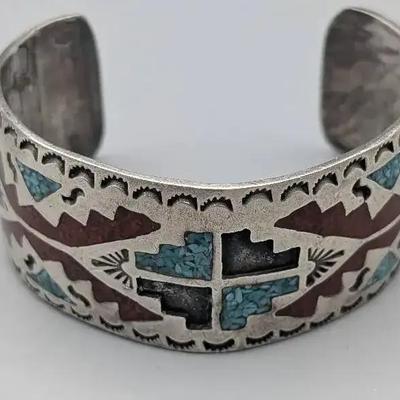 Turquoise and Coral Inlay Cuff