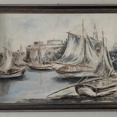 Oil on Canvas Harbor Scene