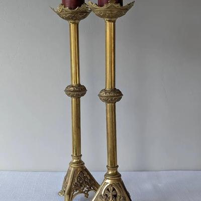 1940's Gothic Revival Brass Memorial Candle Holders