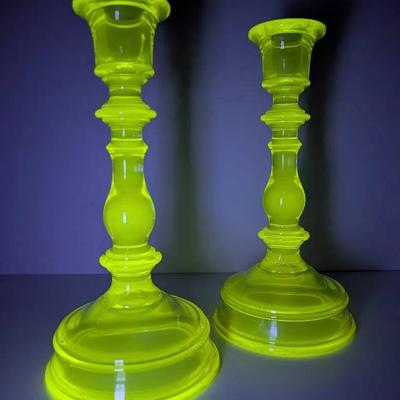 1930s Cambridge Pistachio Uranium Candlesticks