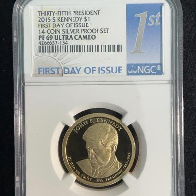 Thirty - Fifth President 2015 S Kennedy $1 First Day Of 14 – Coin Silver Proof Set