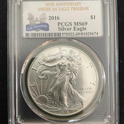 30th Anniversary, American Eagle Program – 2016 $1 PCGS MS69 Silver Eagle