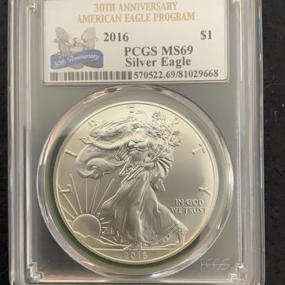 30th Anniversary, American Eagle Program – 2016 $1 PCGS MS69 Silver Eagle