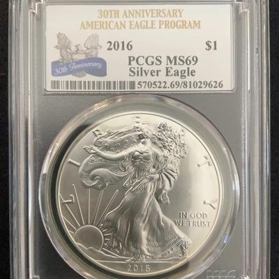 30th Anniversary, American Eagle Program – 2016 $1 PCGS MS69 Silver Eagle