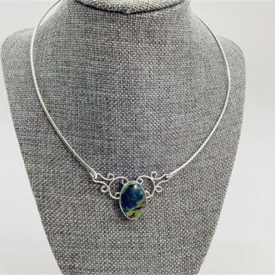 Sale Photo Thumbnail #12: Sterling Silver Collar / Choker Necklace with Beautiful Oval Cabochon Stone