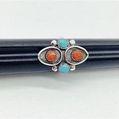 Sale Photo Thumbnail #24: Vintage Native American Style Silver Turquoise and Coral Ring