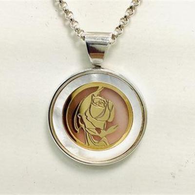 Sale Photo Thumbnail #40: Sterling Silver Hand-Cut Rose Medallion Pendant with Rolo Chain