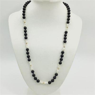 Sale Photo Thumbnail #2: 14K Yellow Gold Filled, Black Onyx, and Freshwater Pearl Beaded Necklace