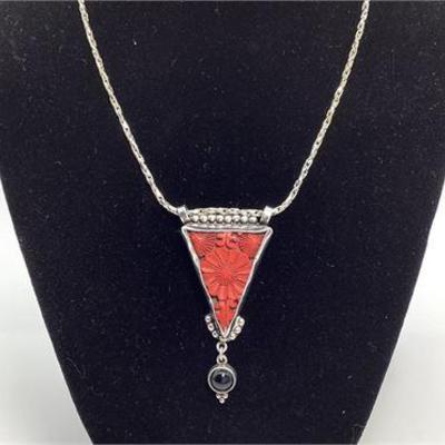 Sale Photo Thumbnail #16: Vintage Sterling Silver Carved Cinnabar & Black Onyx Pendant and Chain
