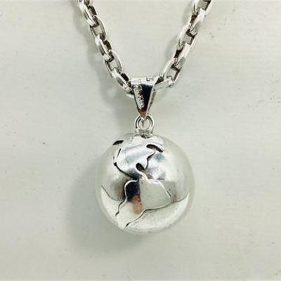 Sale Photo Thumbnail #34: Vintage Sterling Silver World Chime Ball Pendant and Heavy Link Chain