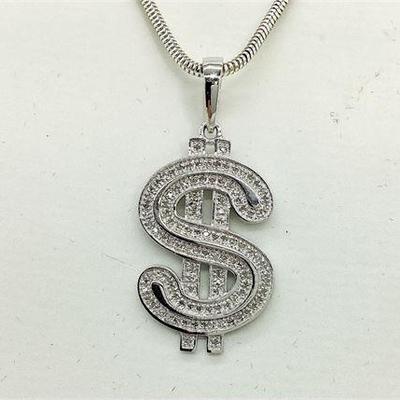 Sale Photo Thumbnail #45: Sterling Silver Dollar Sign Diamond Pendant with Snake Chain