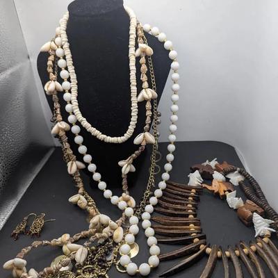Vintage Goldtone And White Beaded Necklace, Tribal Style Necklace Plus