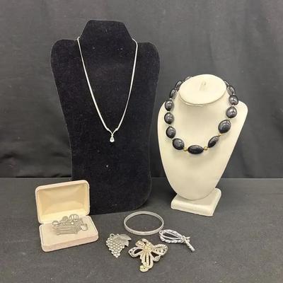 Danforth Pewter Grape Cluster Pendant, Sterling Black Stone And CZ Stones Necklace Plus