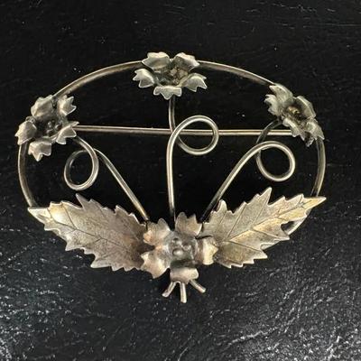 Sterling Leaf And Flower Brooch