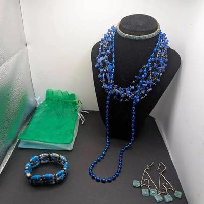  Bangle Bracelet Brass,  Lapis Lazuli Chip Necklace Plus