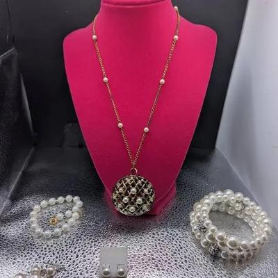 Wrap Around Faux Pearl Stretch Bracelet W/Rhinestone Spacer Beads And More