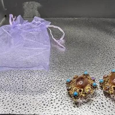 Large Vintage Amber Cabochons Surrounded By Smaller Turquoise Clip Earrings 1940s-1960s