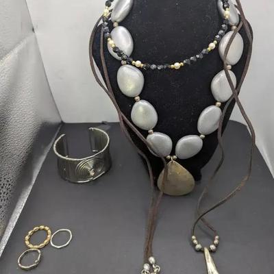 Three Sterling Silver Rings, Black Onyx And Pearl Beaded Necklace Plus