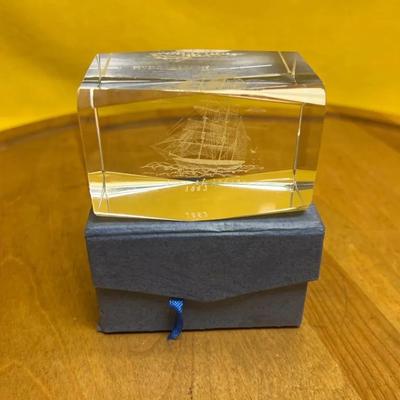 Laser-etched glass paperweight depicting the sailing ship Star of India