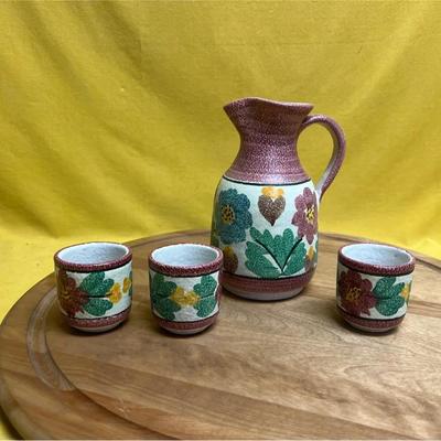 Vintage Japanese hand-painted ceramic pitcher and cups set with floral motifs