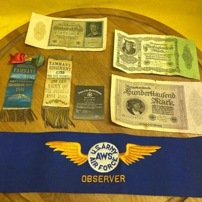 Collection of WWII USAAF Observer armband, Civil War ribbons and historical currency