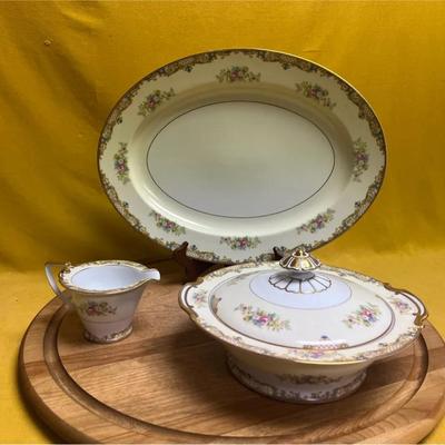 Noritake China serving platter, covered tureen, and creamer with floral pattern