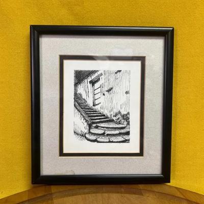 Framed ink drawing of a stone staircase with detailed hatching