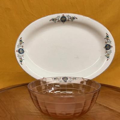 Antique C.P. Co ironstone platter & Vintage Anchor Hocking pink Block Optic glass bowl