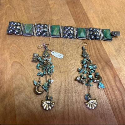 Silver and green stone bracelet with “turquoise and old brass” dangle earrings