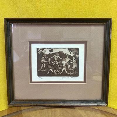 Limited edition print by Jeanne Down depicting children playing, possibly a woodblock or etching