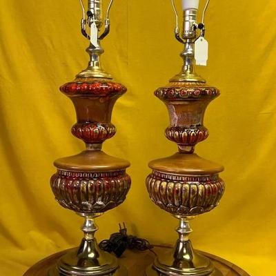 Pair of MCM Hollywood Regency amber and red glazed ceramic table lamps