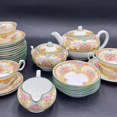Wedgwood Floral Tea Set with Teapot, Sugar Bowl, Creamer, Cups, Saucers