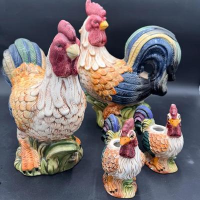 Four Ceramic Rooster Figurines 