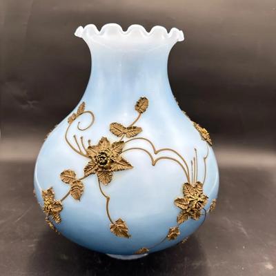 Blue Glass Lamp Shade with Gold Floral Design