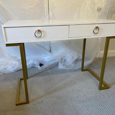 Sale Photo Thumbnail #33: White lacquer writing desk/ console w/ brass ring pulls  42”L X 20”W x 31”H . $300
