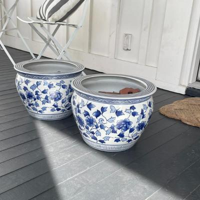 Sale Photo Thumbnail #11: Williams Sonoma large blue & white ceramic planters $120 pair.