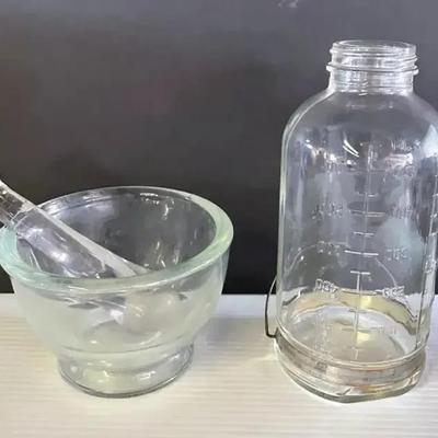 Vintage 8oz Laboratory Glass Mortar And Pestle And Glass IV Bottle 