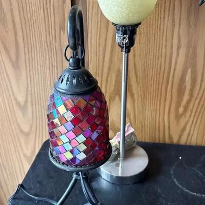 Tabletop Lamps (2) - Torchiere with Glass Shade + Red Mosaic With Black Stand
