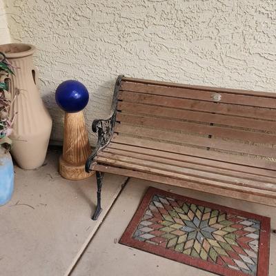 Pretty Patio Decor & Bench - (2) Tall Vases, Blue Sphere Pedestal, Starburst Outdoor Rug