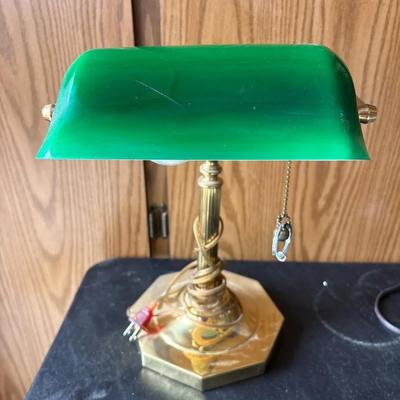 Vintage Banker Lamp - Traditional with Green Glass Shade - Gold Color, Works